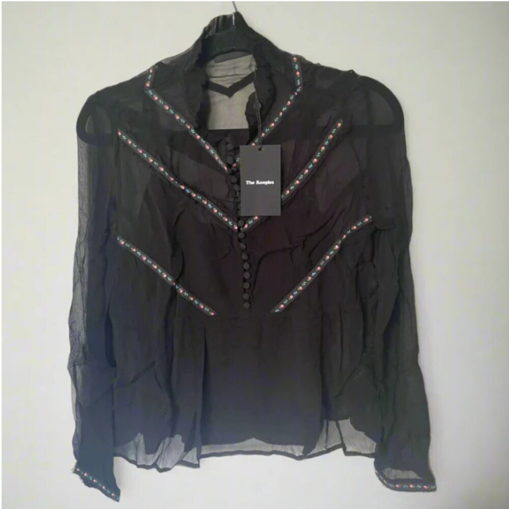 The Kooples Women’s XS Black Floral Ruffle Top Long Sleeve Mock Neck Whimsigoth - Picture 3 of 9